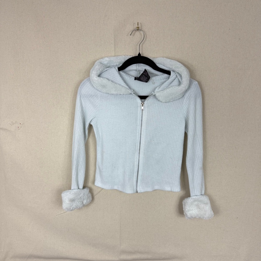 Vintage Xtraordinary‎ Baby Blue Ribbed Faux Fur Trim Zip Up Hoodie Y2K Size L